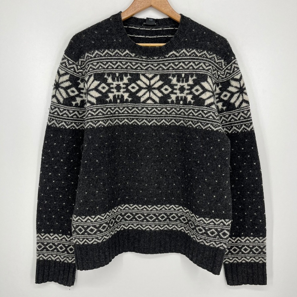 Club Monaco Mens Lambswool Fair Isle Snowflake Sweater Charcoal Grey Large
